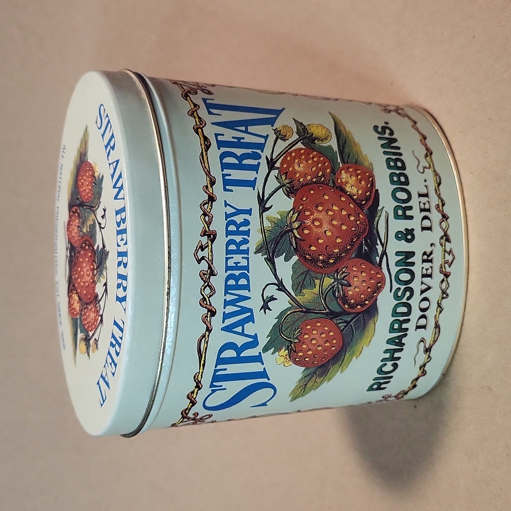 Vintage • Strawberry Treat Canister/Tin Empty • Richardson & Robbins Dover, Del.